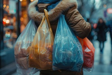 Realistic image of people using reusable bags and containers while shopping highdefinition clarity