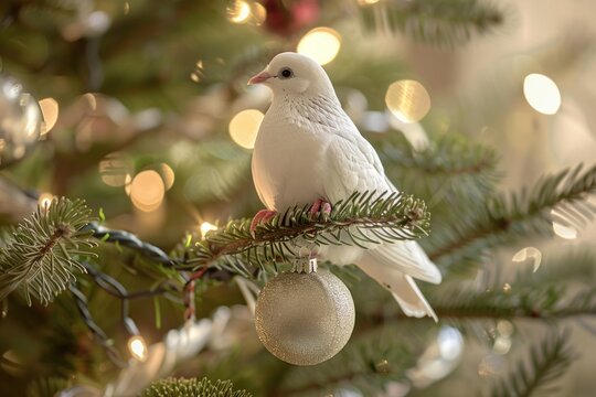 White dove perched on a christmas tree branch holding a silver ornament in its beak