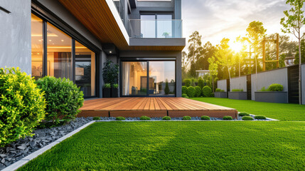 Modern backyard with wooden deck and lush green lawn. Contemporary house exterior at sunset with large windows and manicured landscape.