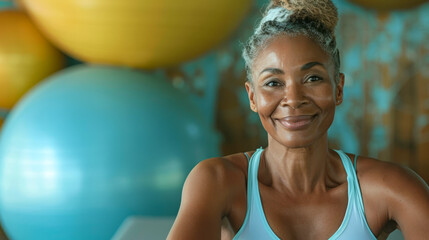 Fit senior woman in blue top smiling with exercise balls in background