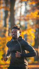 Obraz premium Black man running through fall park with vibrant leaves
