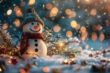 Obraz premium A cheerful snowman with a red scarf and knitted hat stands amidst twinkling holiday lights, surrounded by snow-covered pine branches during a winter evening.