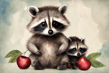 Cute raccoons holding apples on a watercolor background.