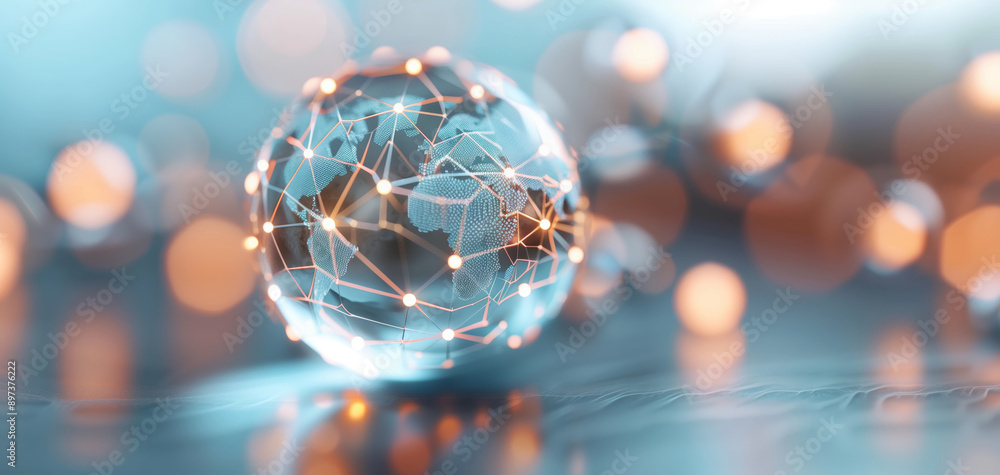 Poster a crystal globe with glowing connections, representing global networking, technology, and digital co