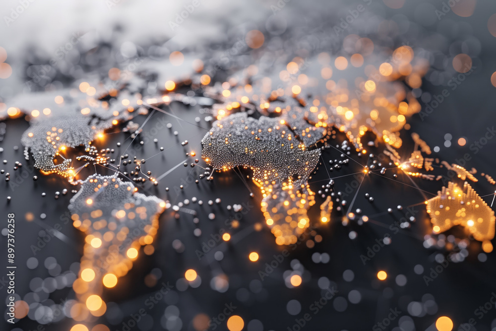 Poster a detailed illustration of a glowing world map with interconnected lights representing global networ