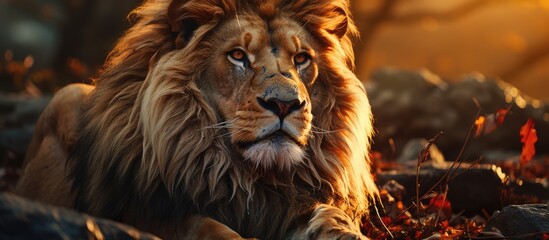 Fototapeta premium lion lying on the ground and looking to the side, against the background of the rising sun