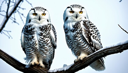 Winter, Two Owls Resting in a Snowy Setting