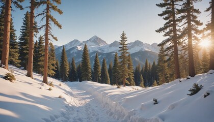  snow-covered mountain trail, with pine trees in the background and a clear blue sky overhead.
