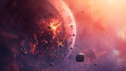 Dramatic Space Scene Featuring an Alien Planet and Floating Debris