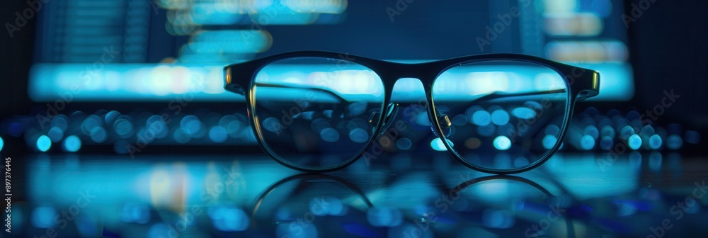 Poster A pair of eyeglasses rest on a computer keyboard, with the blue glow of the screen reflecting in the lenses. Generative AI