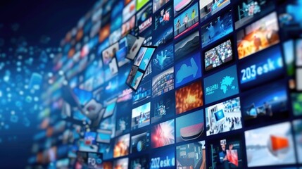 A curved wall is composed of hundreds of digital screens, each displaying various types of information, including data visualizations, images, and icons