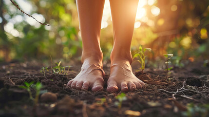 Barefoot woman connecting with nature in a forest at sunrise
