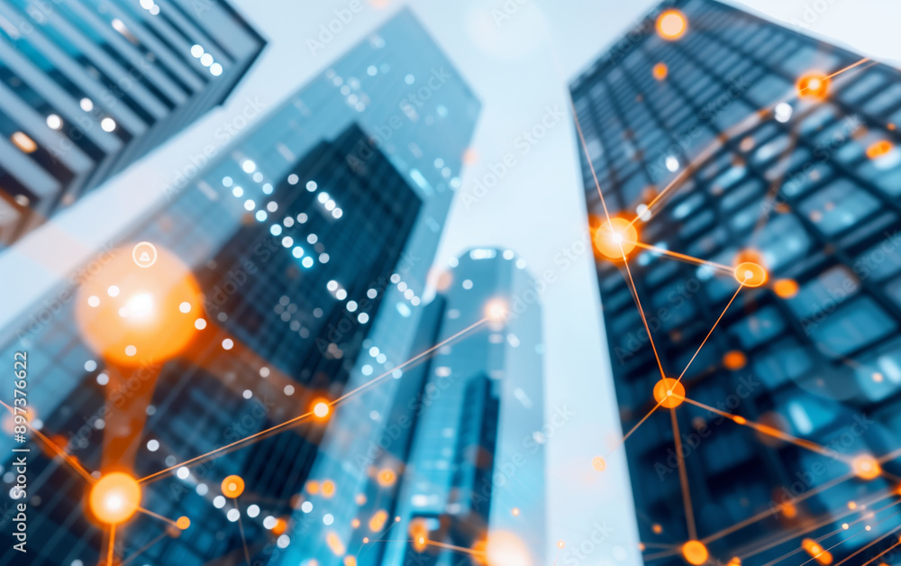 Poster a modern skyscraper view with digital network overlay showcasing connectivity and technology in an u