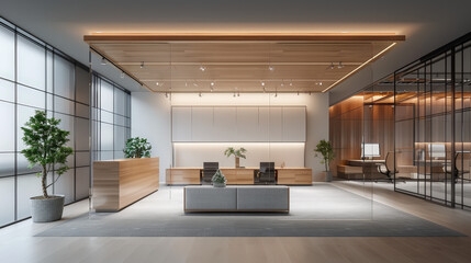 Fototapeta premium Modern Japanese office with 3D holographic displays and minimalist design