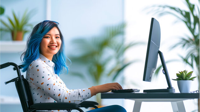 Smiling woman with blue hair working at desk
