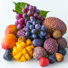 Vibrant Exotic Fruits Collection with Grapes, Lychees, Mangoes on White Background for Fresh and Healthy Concept with Copy Space