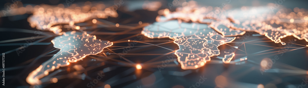 Poster abstract world map with glowing connections, illustrating global communication and technology networ