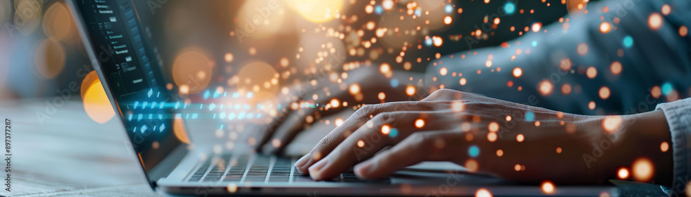 Aufkleber close-up of hands typing on a laptop, creating a digital atmosphere with colorful particles, symboli