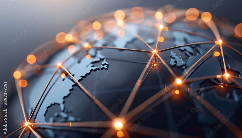 Poster close-up of a globe connected by glowing lines, symbolizing global communication and technology conn