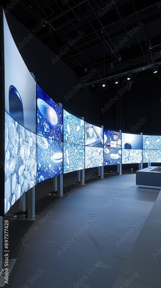 Aufkleber a curved wall is composed of hundreds of digital screens, each displaying various types of informati