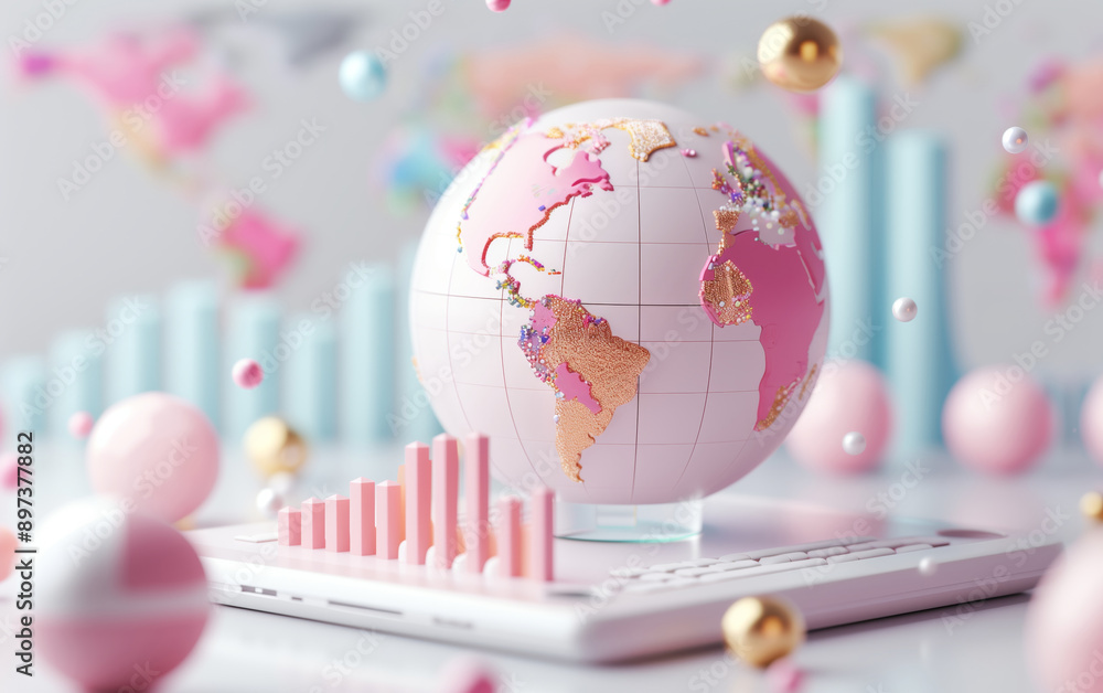Poster stylish globe with pink continents and data graphs, symbolizing global business and analysis in a mo