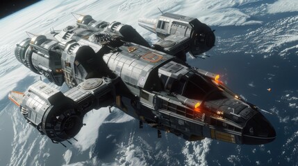 Fototapeta premium Sci-fi spaceship over Earth