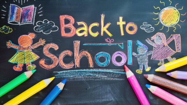 Naive children's drawing with colored chalk on blackborad, made by hand by a child, text "Back to School ", isolated on white background  - Powered by Adobe