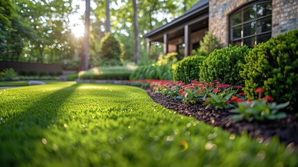 Fototapeta premium A beautifully landscaped backyard with a lush green lawn, vibrant flower beds, and neatly trimmed bushes. 