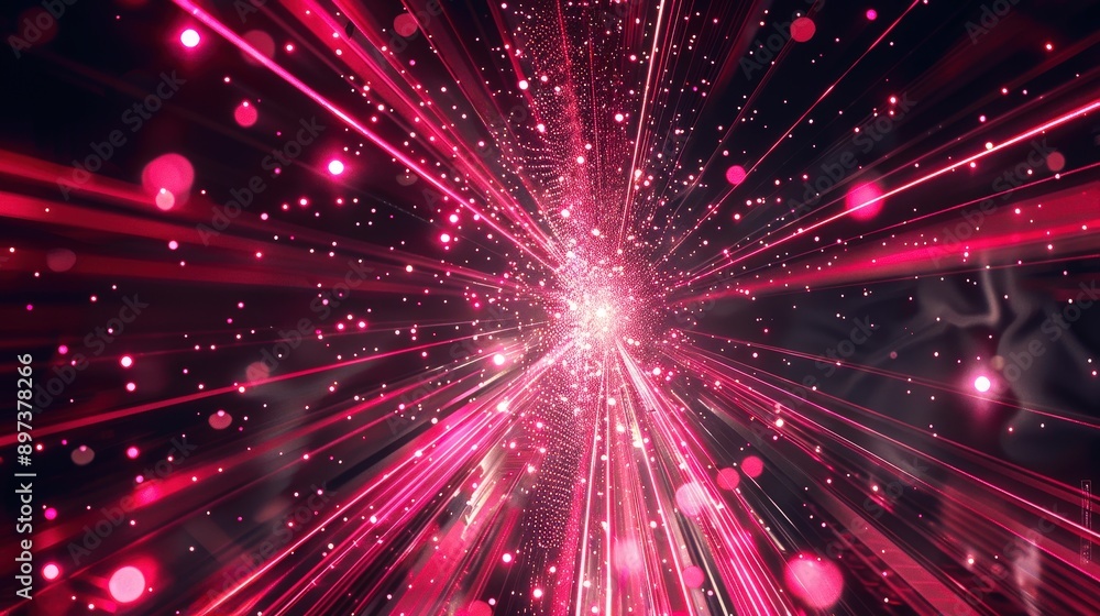 Poster cosmic burst of crimson light: a vibrant abstract background featuring a dynamic burst of crimson li