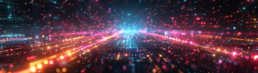 Fototapeta premium Abstract digital art with vibrant lights. Neon colors create a futuristic, energetic feel with bokeh effect. Perfect for tech or artistic backgrounds.