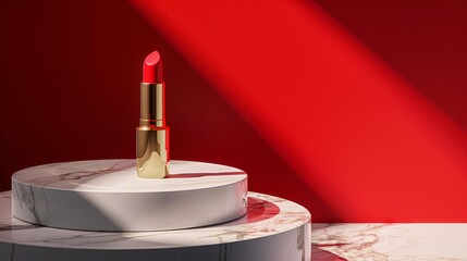 red pastel background, lipstick on a white marble showcase platform, professional photo, flat lighting