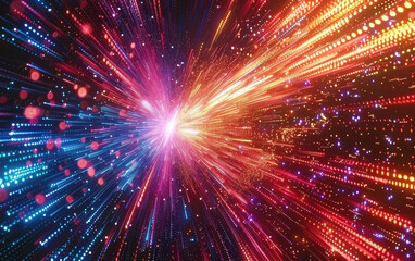 Naklejka premium Vivid explosion of abstract light particles creating dynamic motion and glowing energy. Futuristic backdrop with vibrant colors and sparkling effects.