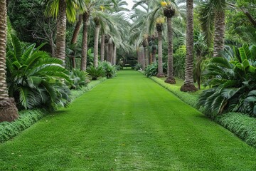 Fototapeta premium Majestic palm tree-lined avenue in a tropical setting, creating an exotic and inviting outdoor scene with lush greenery and a sense of adventure.