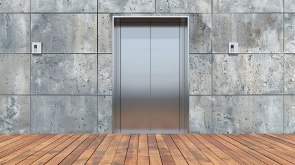 A stainless steel elevator door set against a modern concrete wall with a wooden floor