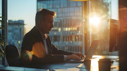 A businessman in a dark suit working on a laptop in a tech-savvy office