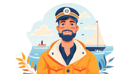 Illustration of a cheerful sailor in a bright orange jacket, set against a vibrant seaside background with boats and sea.