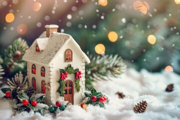 Miniature white christmas house model decorated with holly sitting on snow with a festive background