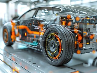 Fototapeta premium Exploring the Inner Workings of an Electric Vehicle: Detailed Breakdown of Charging Plug, Electric Motors, and Battery System with Modern Annotations