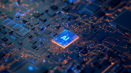 High-Tech Digital Concept 3D Rendering of "AI" Logo on Chip with Brain Pattern and Circuit Board Background, Featuring Blue Light for Artificial Intelligence Technology, Machine Learning, and Advanced