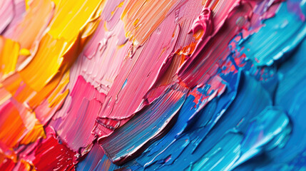 Vibrant close-up of colorful paint strokes blending together, creating a textured abstract masterpiece full of bright and bold hues.