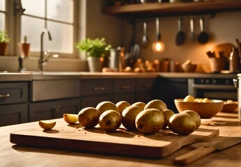 Visualize a cozy kitchen scene with a basket of fresh potatoes prominently displayed on the counter.
