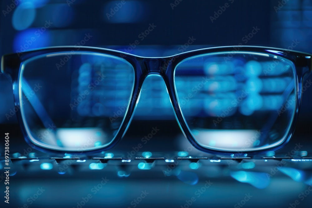 Leinwandbilder eyeglasses rest on a computer keyboard, reflecting the blue glow of the screen in the background. ge