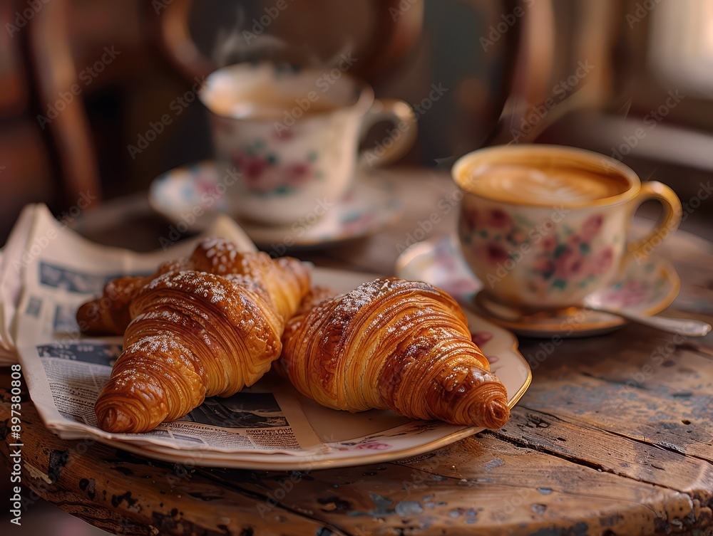 Wall mural cozy morning ritual - rustic breakfast with croissants, coffee, and newspaper