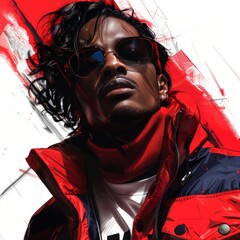 Stylish Man in Red Jacket and Sunglasses street art illustration
