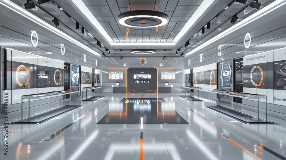 Poster futuristic spaceship control room with advanced technology interfaces. concept of space exploration,