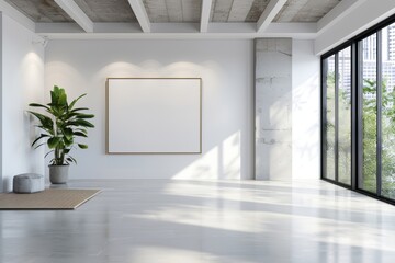 Fototapeta premium Modern empty living room with blank poster frame on white wall