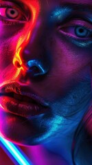 A Close-up Shot of a Vibrant diverse faces, neon tech overlay