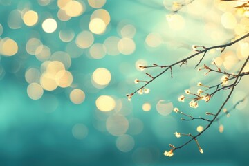 Fototapeta premium Delicate tree branch with blooming buds on abstract background with golden bokeh lights
