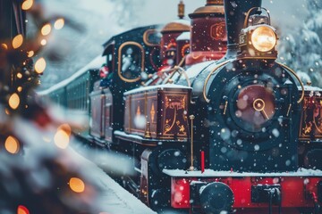 Fototapeta premium Authentic steam train covered by snow is waiting at the station on a snowy christmas day