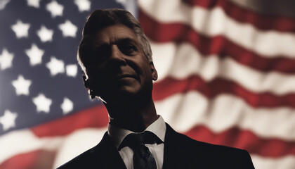 silhouette of a U.S. senator speaking at a press conference in front of the flag of the United State
